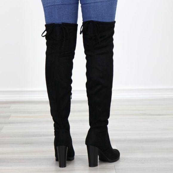 Tie Back Over Knee Heeled Sleek Boots Suede Black - Picture 5 of 15